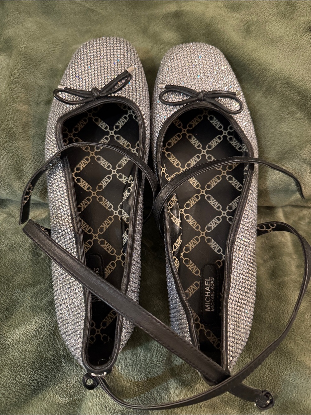 MICHAEL Michael Kors Silver Crystal Ballet Flats with Black Trim